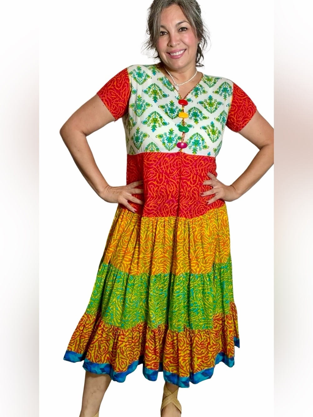RAV-E Colorful Tiered Midi Dress XL Boho Art to Wear Button Front Resort - Picture 6 of 15